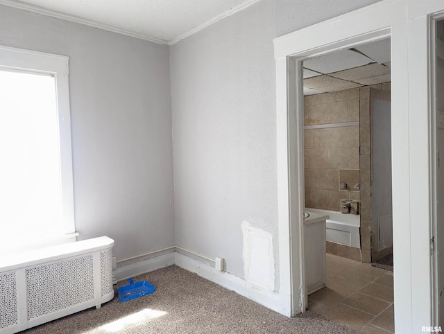 bathroom with radiator and crown molding