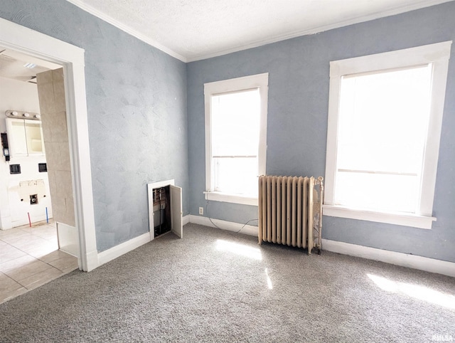 spare room with light colored carpet, a textured ceiling, radiator heating unit, and crown molding