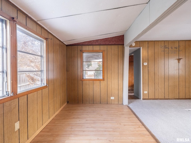 spare room featuring vaulted ceiling, a wealth of natural light, and wooden walls