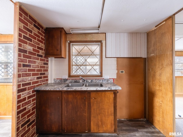 kitchen with tasteful backsplash, dark hardwood / wood-style flooring, sink, and a textured ceiling