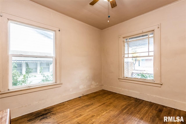 empty room with ceiling fan, crown molding, and wood-type flooring