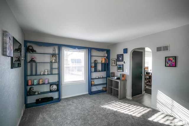 misc room featuring dark colored carpet