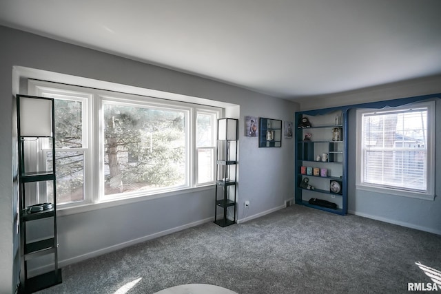 interior space with plenty of natural light and dark carpet