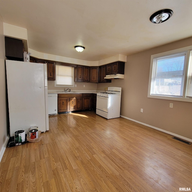 kitchen featuring dark brown cabinets, sink, white appliances, and light hardwood / wood-style floors