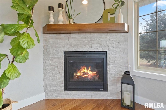 details with hardwood / wood-style floors and a fireplace