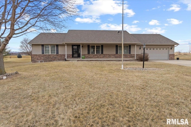 ranch-style house with a front yard and a garage