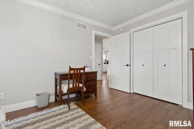 office with dark hardwood / wood-style flooring and ornamental molding