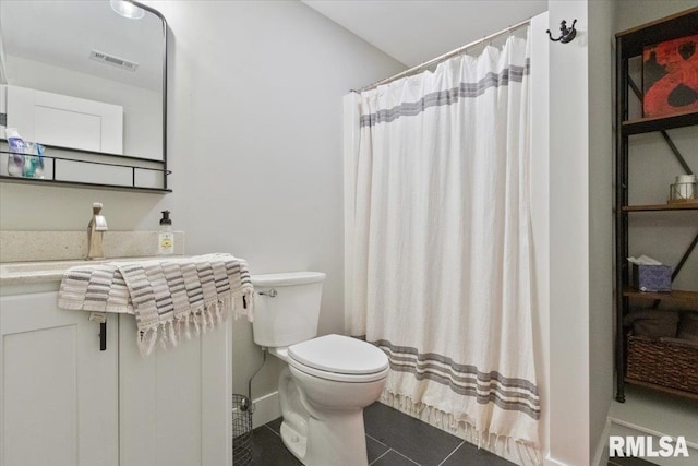 bathroom featuring toilet, tile patterned flooring, radiator, a shower with curtain, and vanity