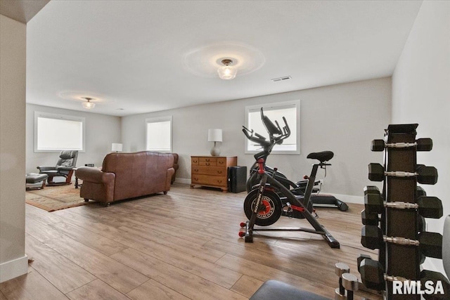 workout room featuring light wood-type flooring