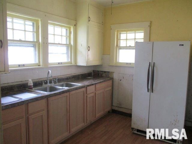 kitchen with white refrigerator, a healthy amount of sunlight, dark hardwood / wood-style floors, and sink