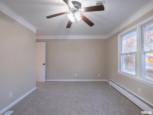 carpeted spare room featuring ceiling fan, a baseboard heating unit, and ornamental molding