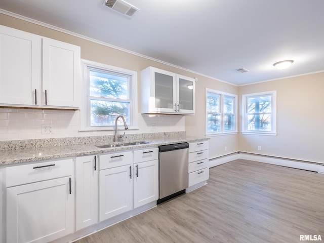 kitchen featuring light stone countertops, sink, white cabinetry, and dishwasher