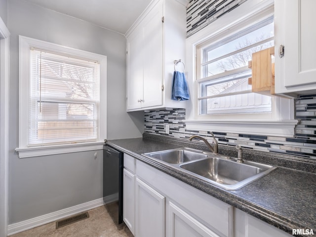 kitchen featuring sink, white cabinetry, decorative backsplash, and black dishwasher