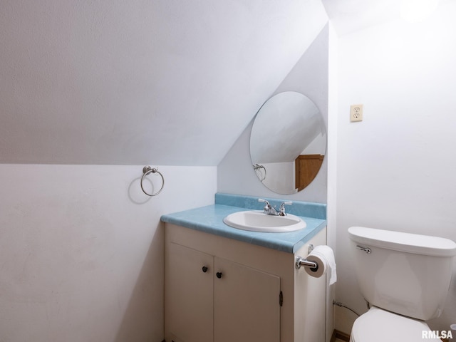 bathroom featuring toilet, vanity, and vaulted ceiling