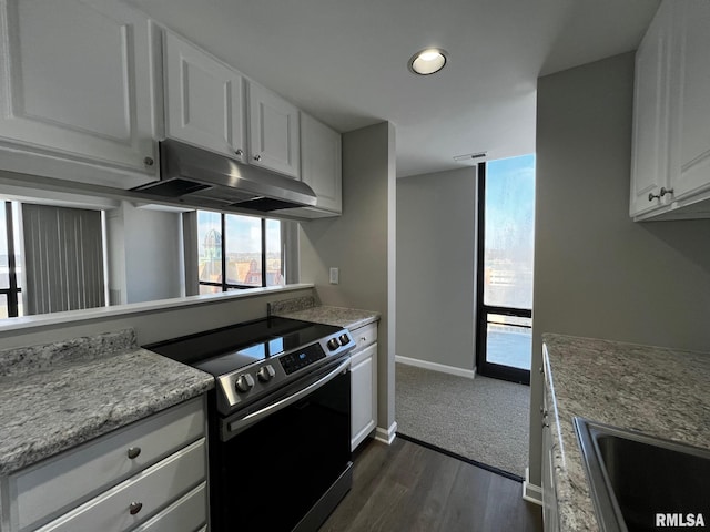 kitchen with sink, white cabinetry, dark hardwood / wood-style flooring, and stainless steel range with electric stovetop