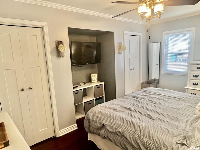 bedroom featuring ceiling fan, ornamental molding, dark wood-type flooring, and two closets