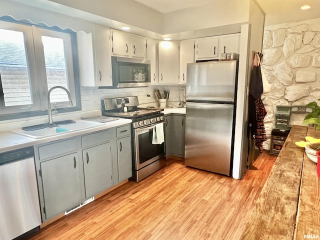 kitchen with appliances with stainless steel finishes, sink, backsplash, light wood-type flooring, and gray cabinets