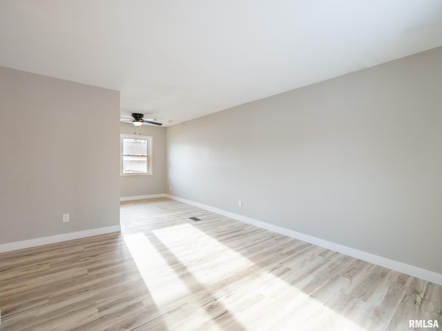 empty room featuring ceiling fan and light hardwood / wood-style flooring