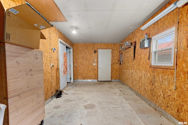 hallway with wooden walls