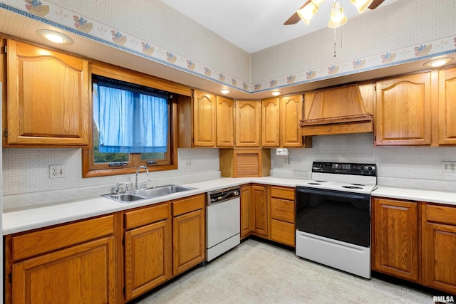 kitchen with sink, electric range, dishwasher, custom range hood, and decorative backsplash