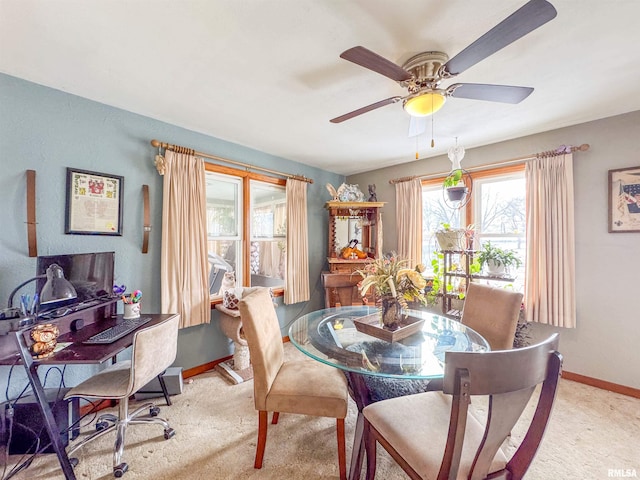 carpeted dining room with ceiling fan