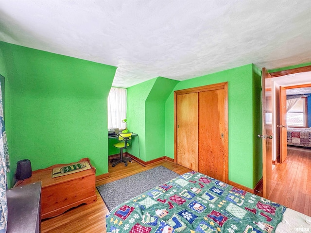 bedroom with hardwood / wood-style flooring, a textured ceiling, multiple windows, and a closet