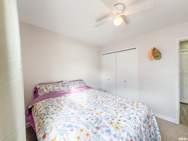 bedroom with carpet floors, a closet, and ceiling fan