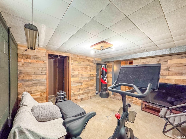 interior space with wooden walls and concrete floors