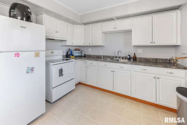 kitchen featuring sink, white appliances, ornamental molding, white cabinets, and light tile patterned flooring