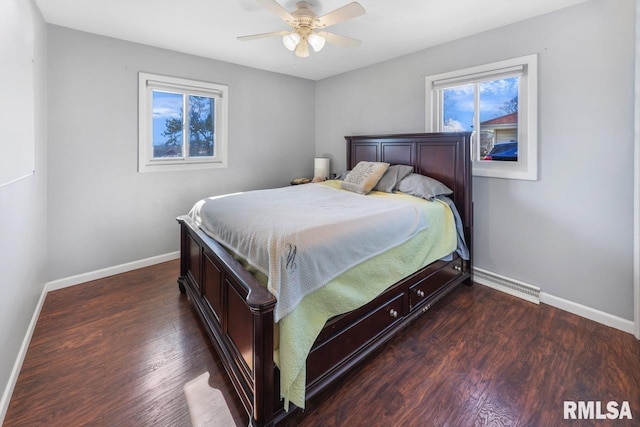 bedroom with dark wood-type flooring and ceiling fan