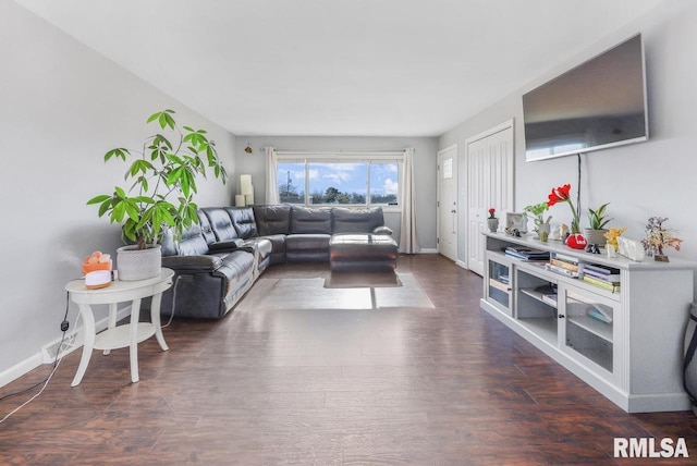 living room with dark hardwood / wood-style flooring