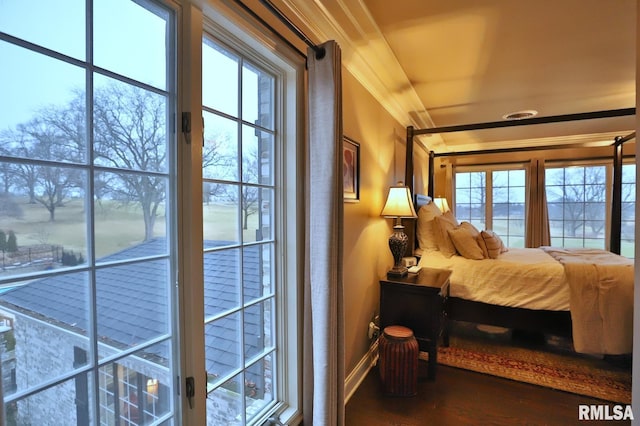 bedroom with dark hardwood / wood-style floors