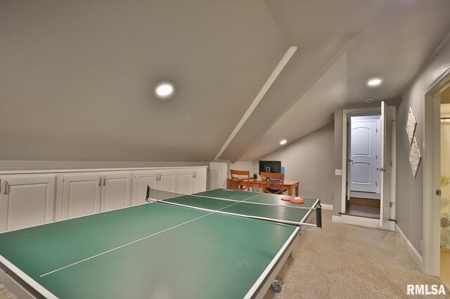 playroom featuring vaulted ceiling