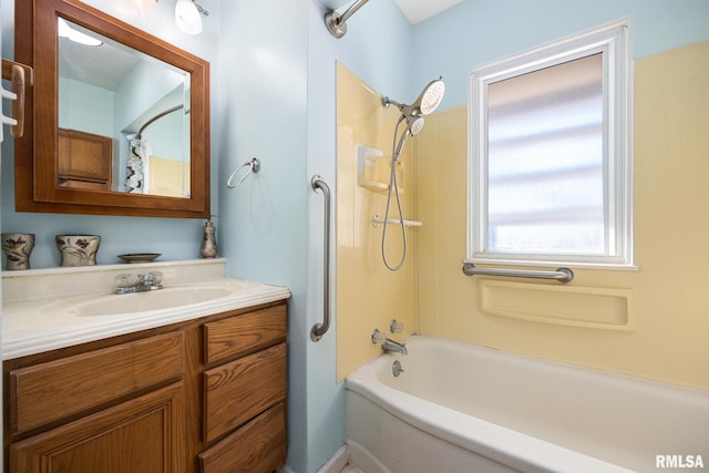 bathroom with vanity and shower / bathtub combination with curtain