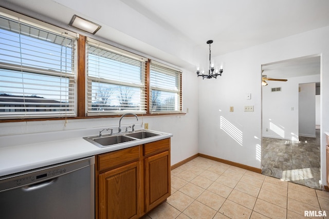 kitchen featuring sink, light tile patterned floors, ceiling fan, hanging light fixtures, and stainless steel dishwasher