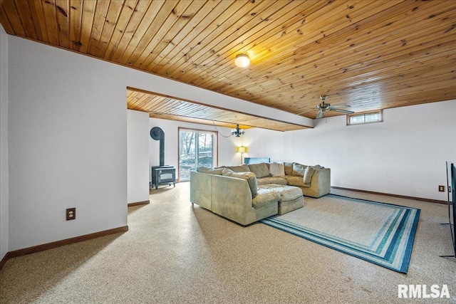 living room with wooden ceiling, ceiling fan, and a wood stove