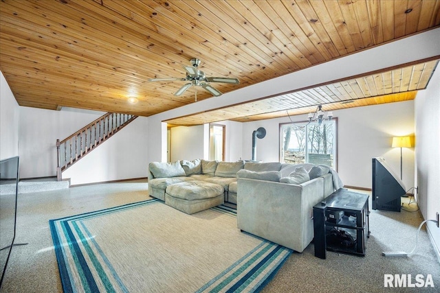 living room with wooden ceiling and ceiling fan