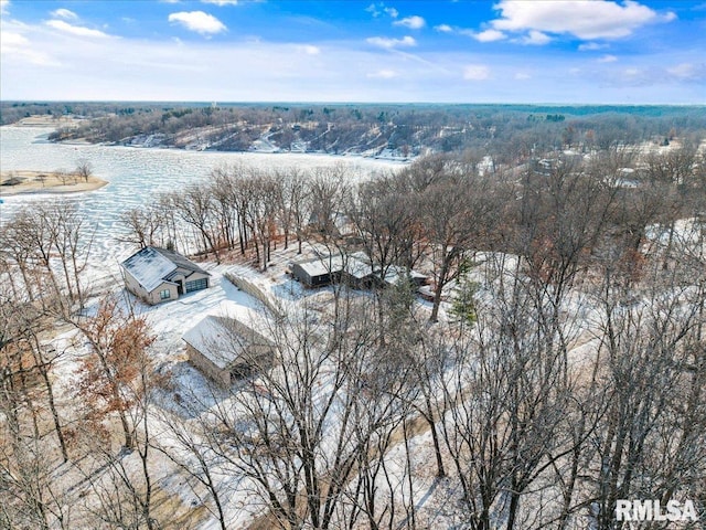 snowy aerial view with a water view