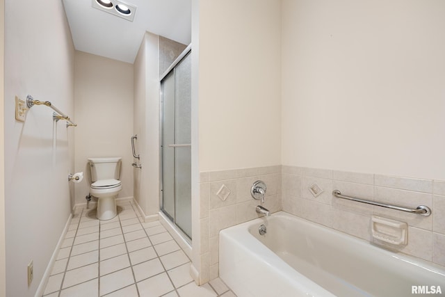 bathroom featuring tile patterned flooring, shower with separate bathtub, and toilet