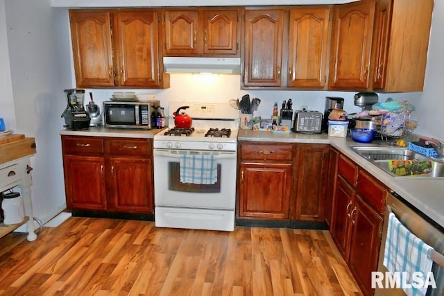 kitchen featuring dishwashing machine, white gas range, light hardwood / wood-style floors, and sink