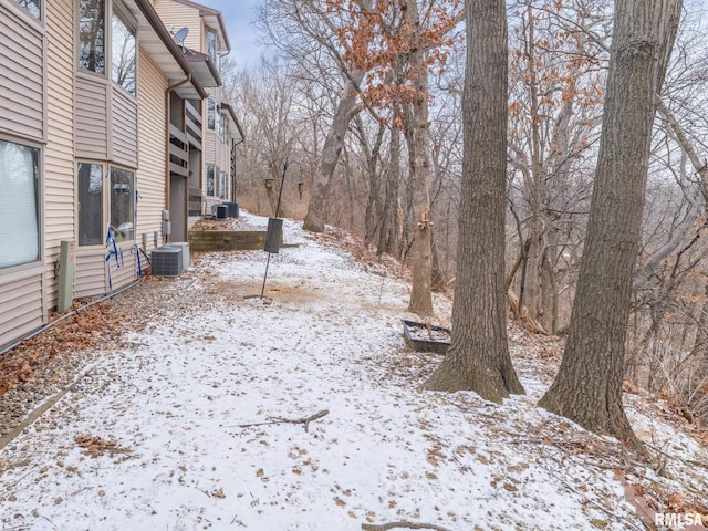 yard layered in snow with central AC unit