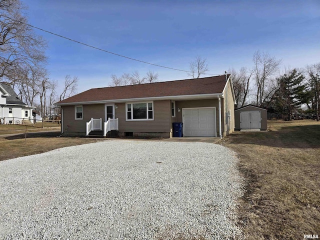 ranch-style home with a shed