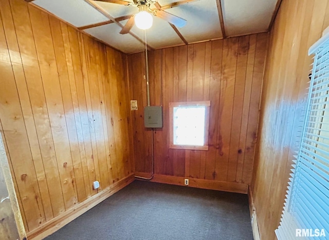 carpeted spare room with electric panel, ceiling fan, and wood walls