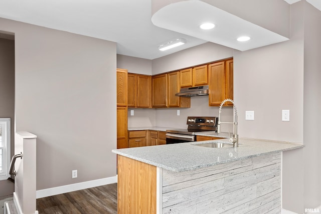 kitchen featuring sink, stainless steel range with electric stovetop, light stone counters, dark hardwood / wood-style flooring, and kitchen peninsula