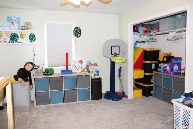 carpeted bedroom with ceiling fan