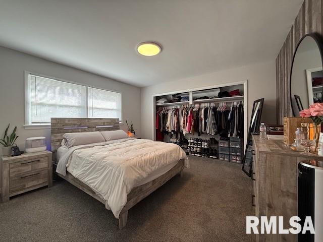 bedroom featuring dark colored carpet and a closet