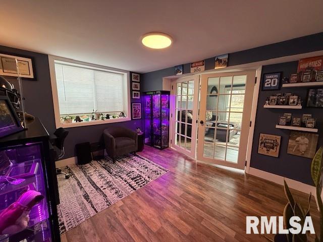 living area featuring wood-type flooring, french doors, and plenty of natural light