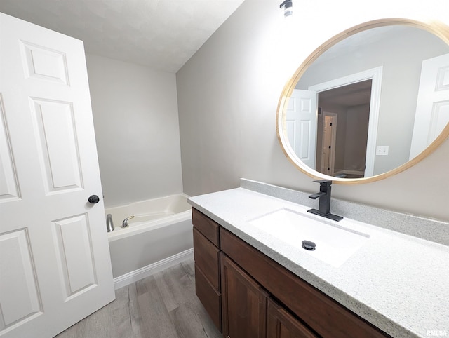 bathroom featuring vanity, a tub to relax in, and wood-type flooring