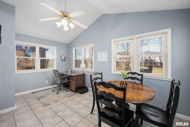 dining area featuring light tile patterned flooring, ceiling fan, and lofted ceiling