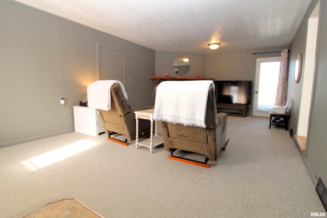 interior space featuring light colored carpet